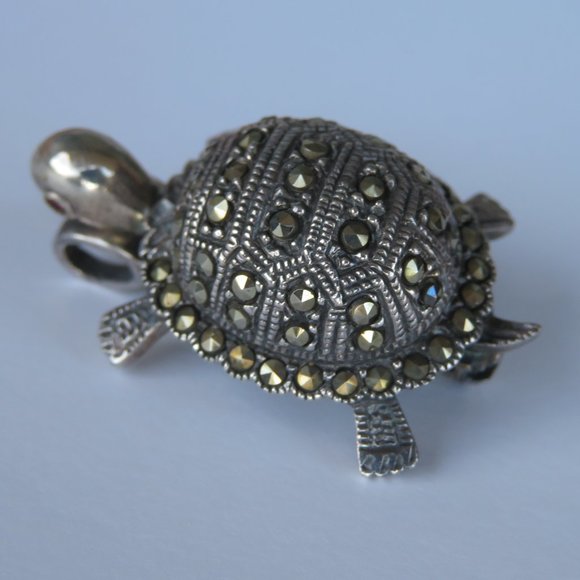 Sterling Silver Marcasites Turtle Brooch Pendant - Picture 15 of 16